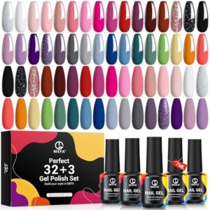 MEFA 35 Pcs Gel Nail Polish Set, 32 Colors All Seasons Collection Gel Nail Polish Kit with Base Coat No Wipe Glossy&Matte Top Coat Blue Red Pink Nail Art Manicure DIY Salon Home Gifts for Women Girls